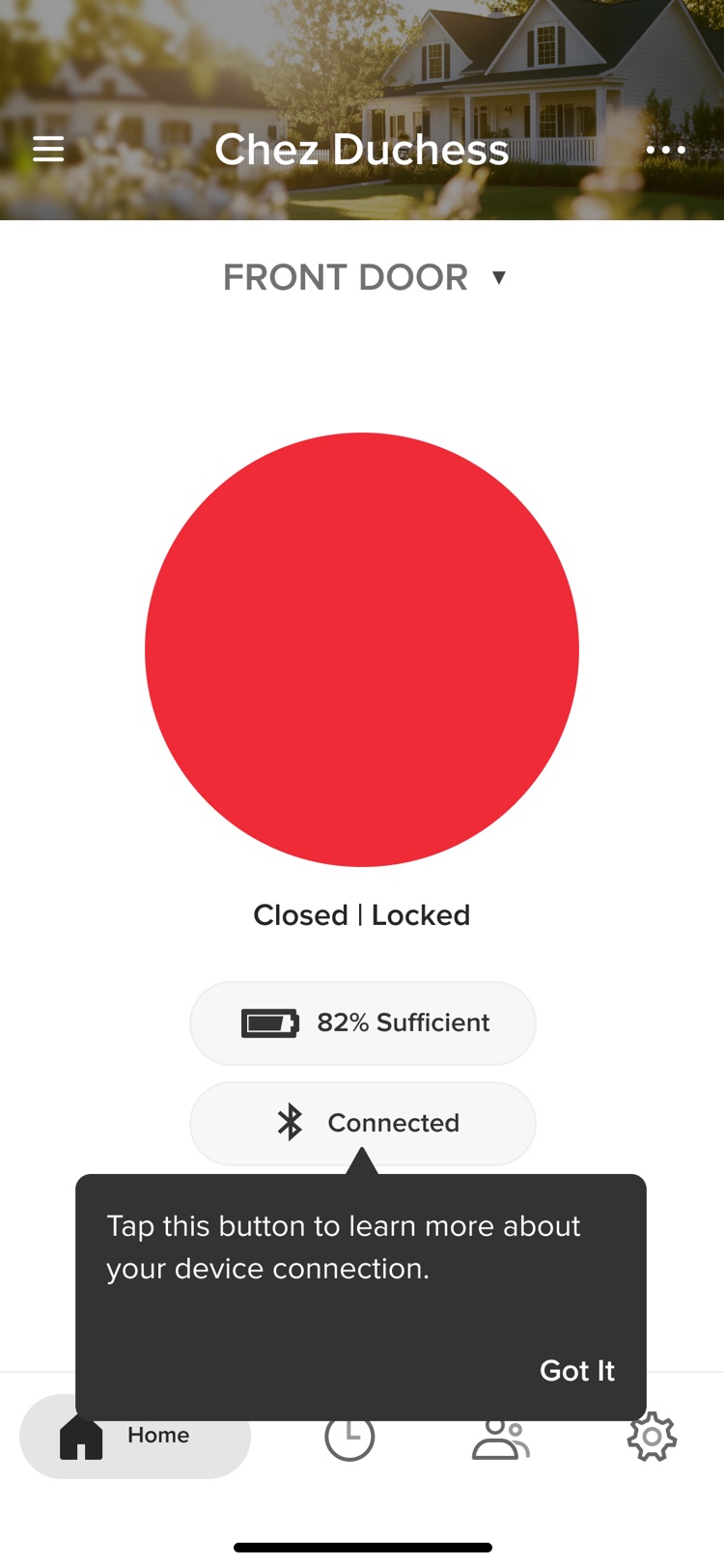 Lock screen with a tooltip on the Connected button: Tap this button to learn more about your device connection.