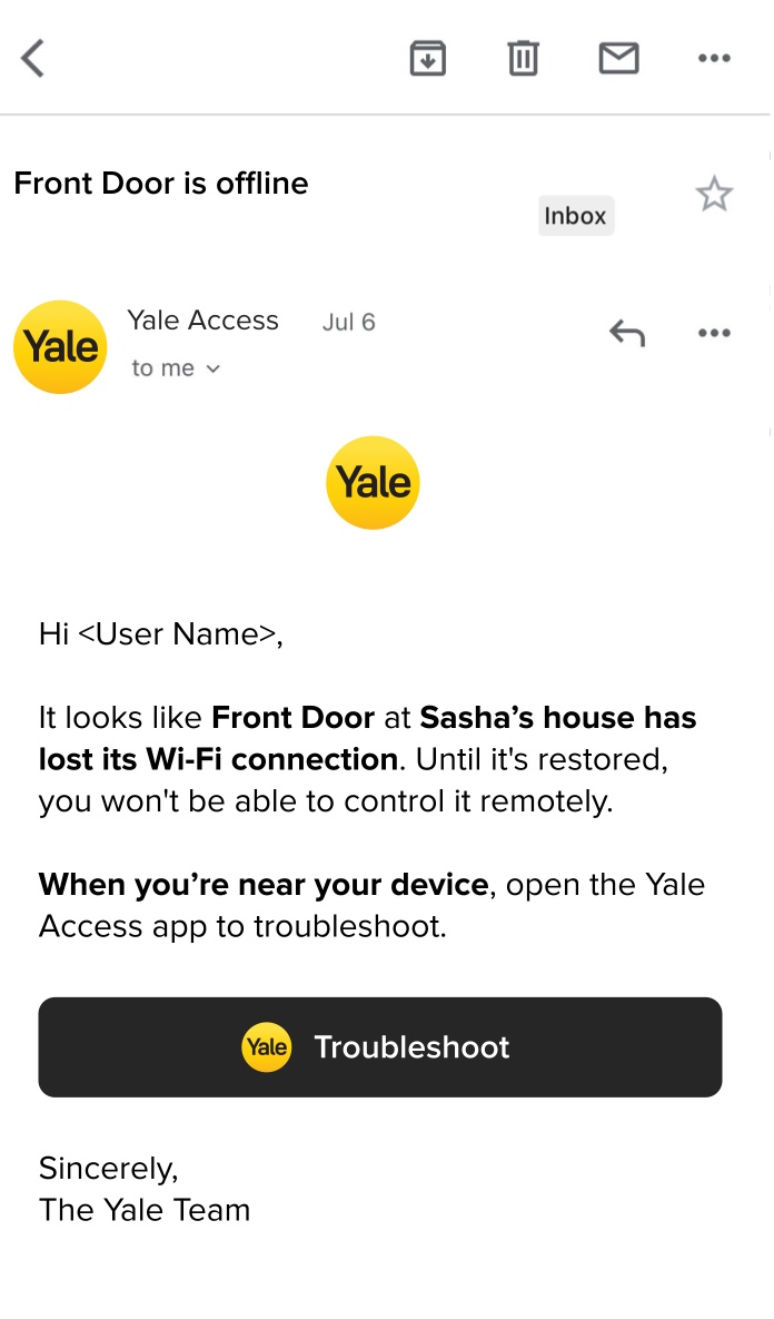 Email titled Front Door is offline, explaining the lock lost its Wi-Fi connection and linking to Troubleshoot.