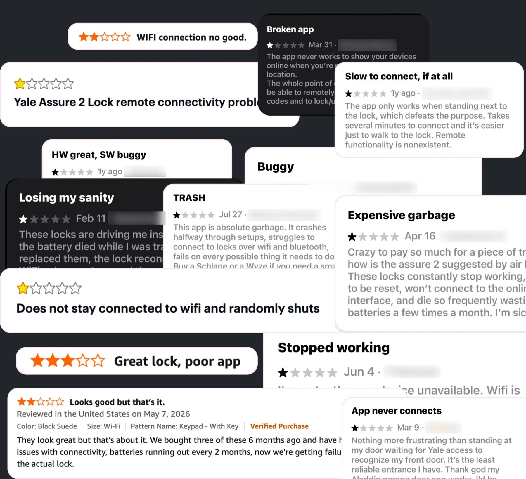 App store and retail reviews of Yale locks, most of them one or two stars, about the lock not connecting. Reviewer names are blurred.