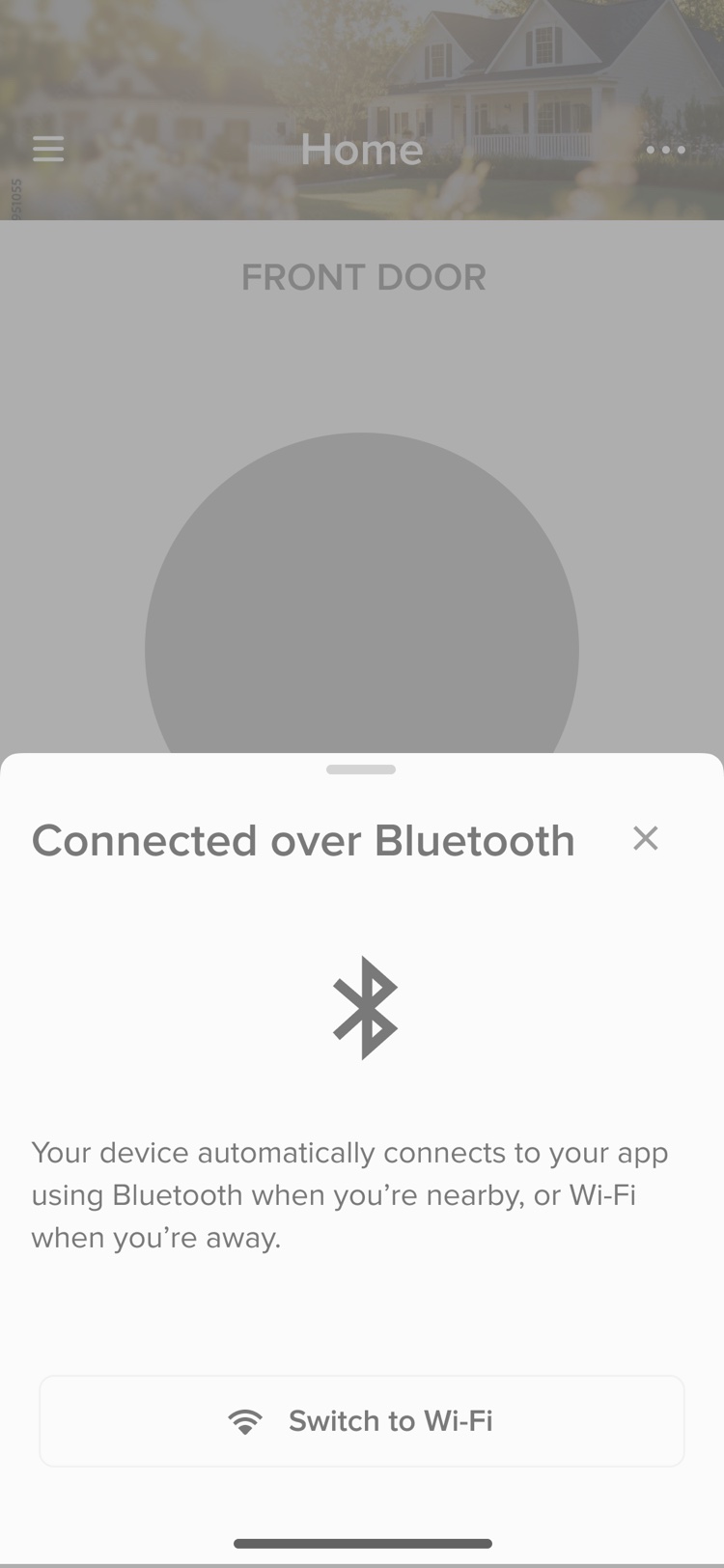 Connected over Bluetooth sheet explaining Bluetooth and Wi-Fi, with a Switch to Wi-Fi button.